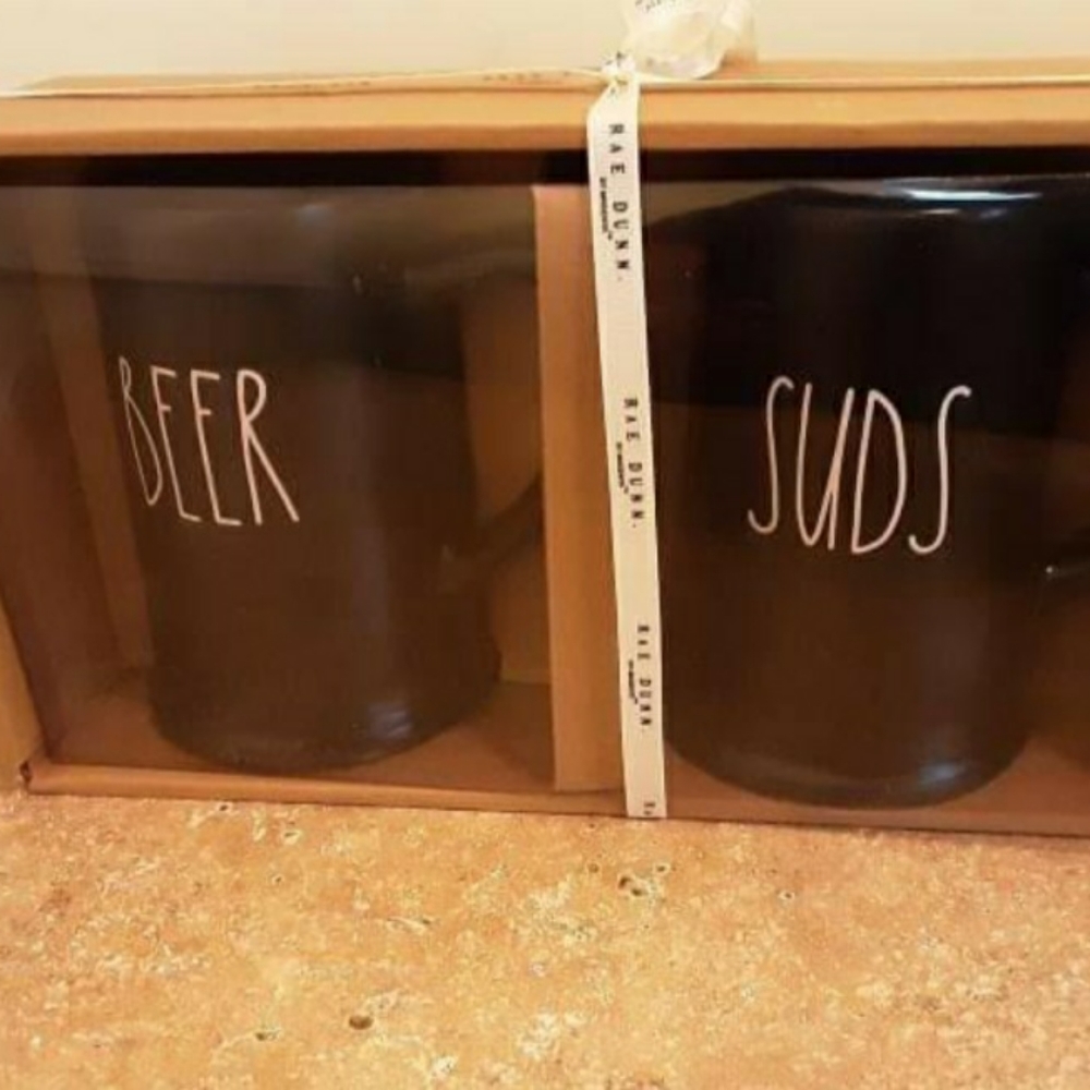 Rae Dunn Beer Mug Set New 2 pc Black Beer Suds Mugs FINAL PRICE